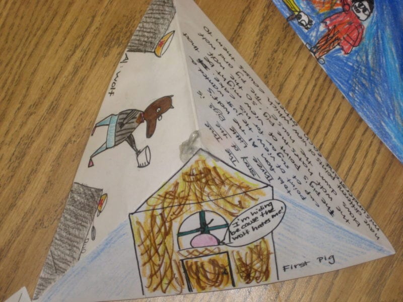 A pyradimal shaped 3D book report with illustrations and words spell on all sides